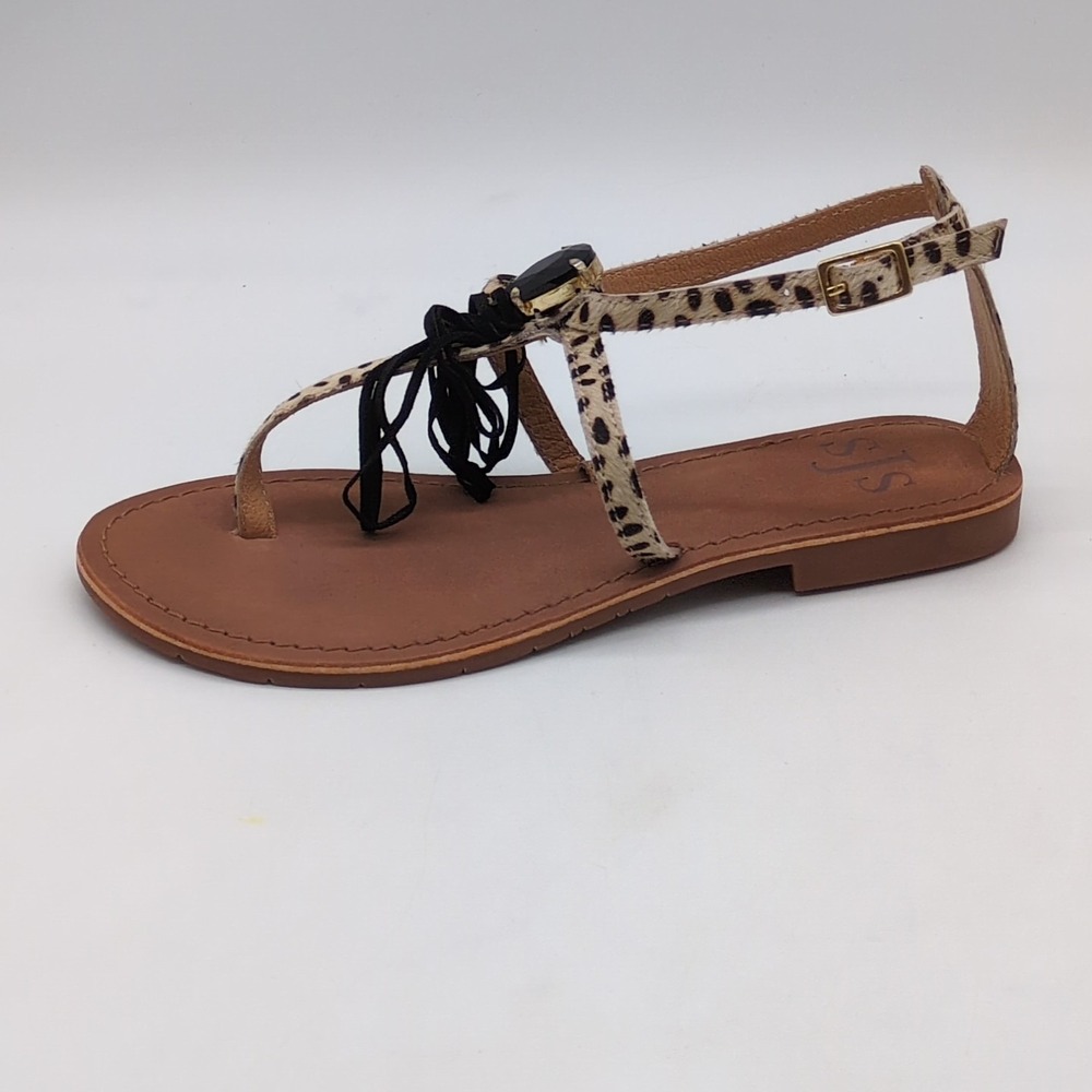 SJS Shoes Womens Cordelia Brown Leopard EUR 37 Thong Sandals Buckle Strap NEW